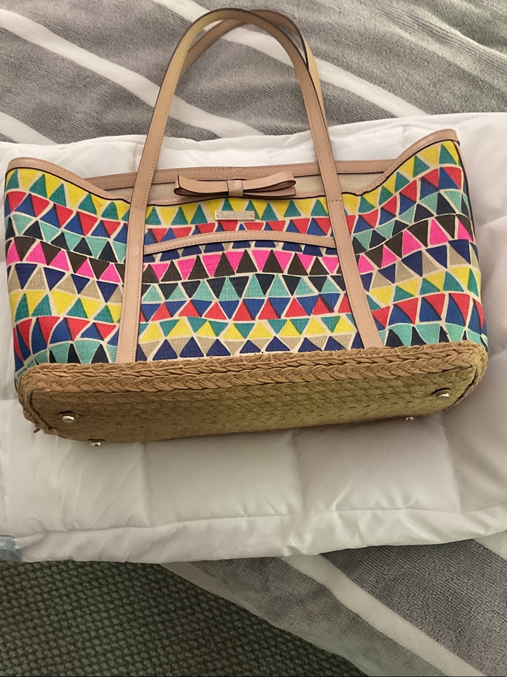 Kate Spade Multicolor Triangle Print Canvas Tote with Straw Base